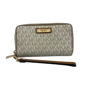 Michael Kors Women’s Beige Signature MK Monogram Logo Zip Up Wristlet Wallet